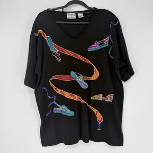 Venezia Vitale T-Shirt Womens 18/20 Black Embroidered Shoe Art‎ To Wear Vintage